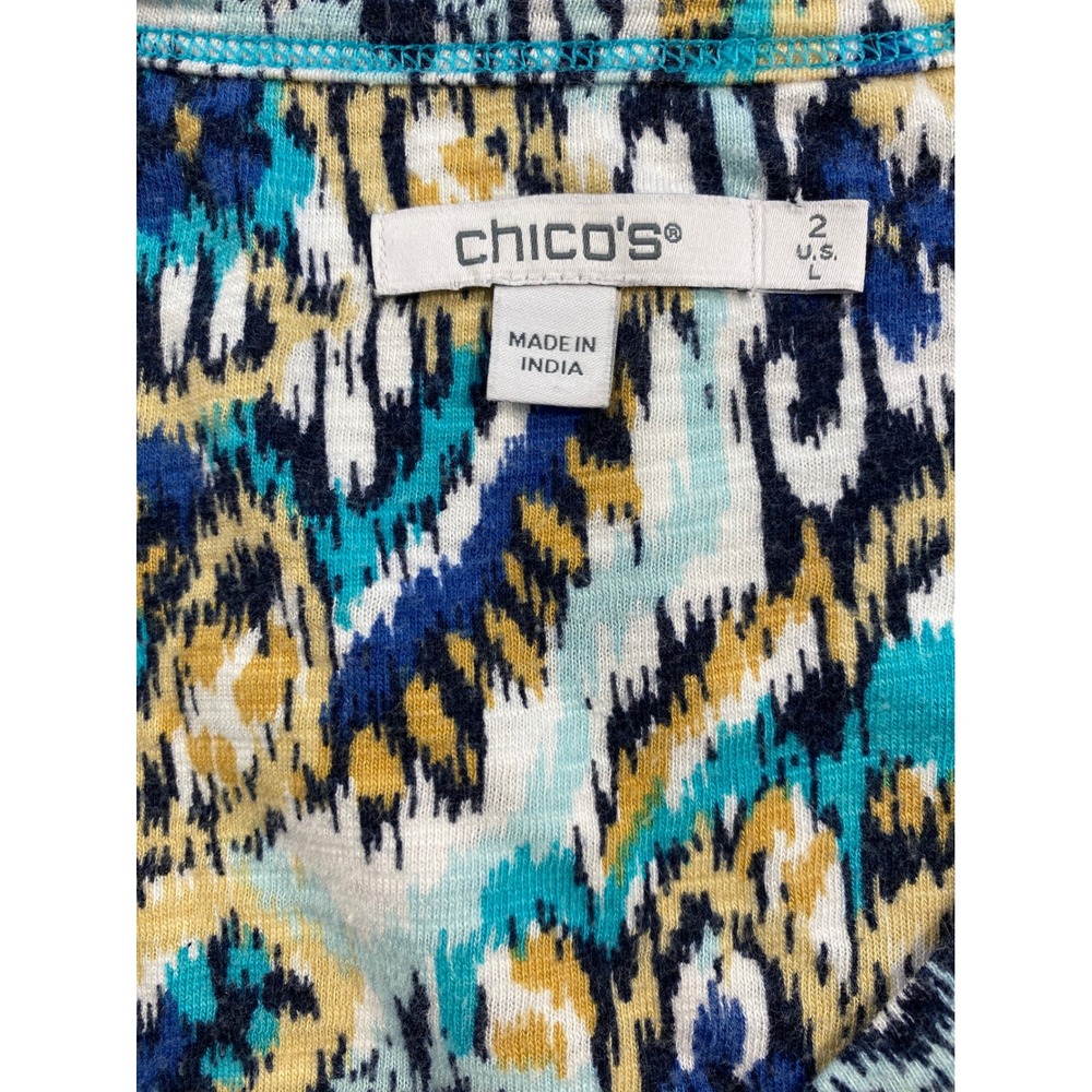 Chico's Ikat Paisley Top Size L Blue Teal Boho Coastal Lightweight Tee - Picture 4 of 10
